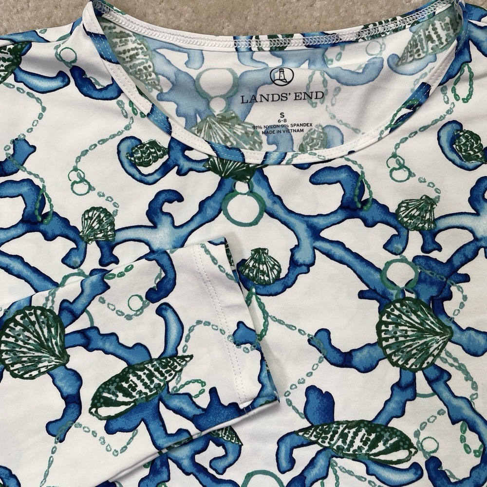 Lands End Rash Guard Top Womens S Sea Shell Ocean Pattern Long Sleeve